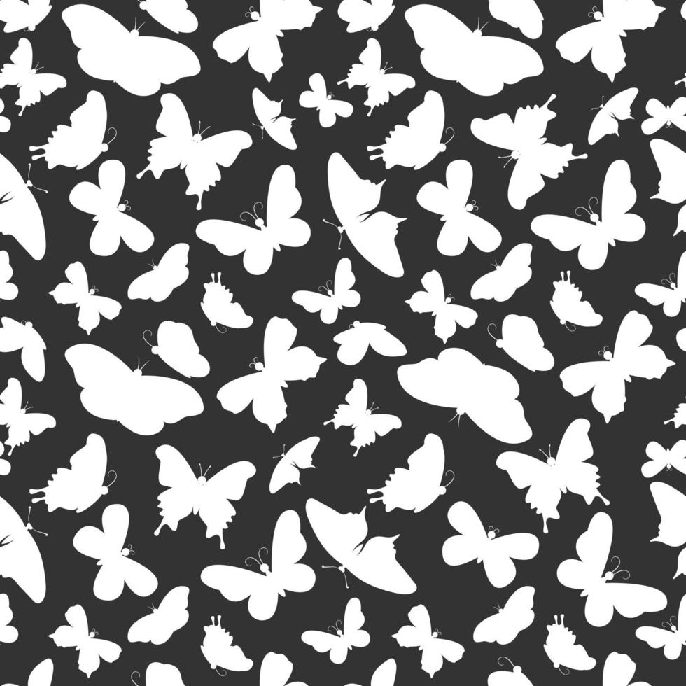 preto e branco sem costura padrão simples com silhuetas de borboletas. vetor