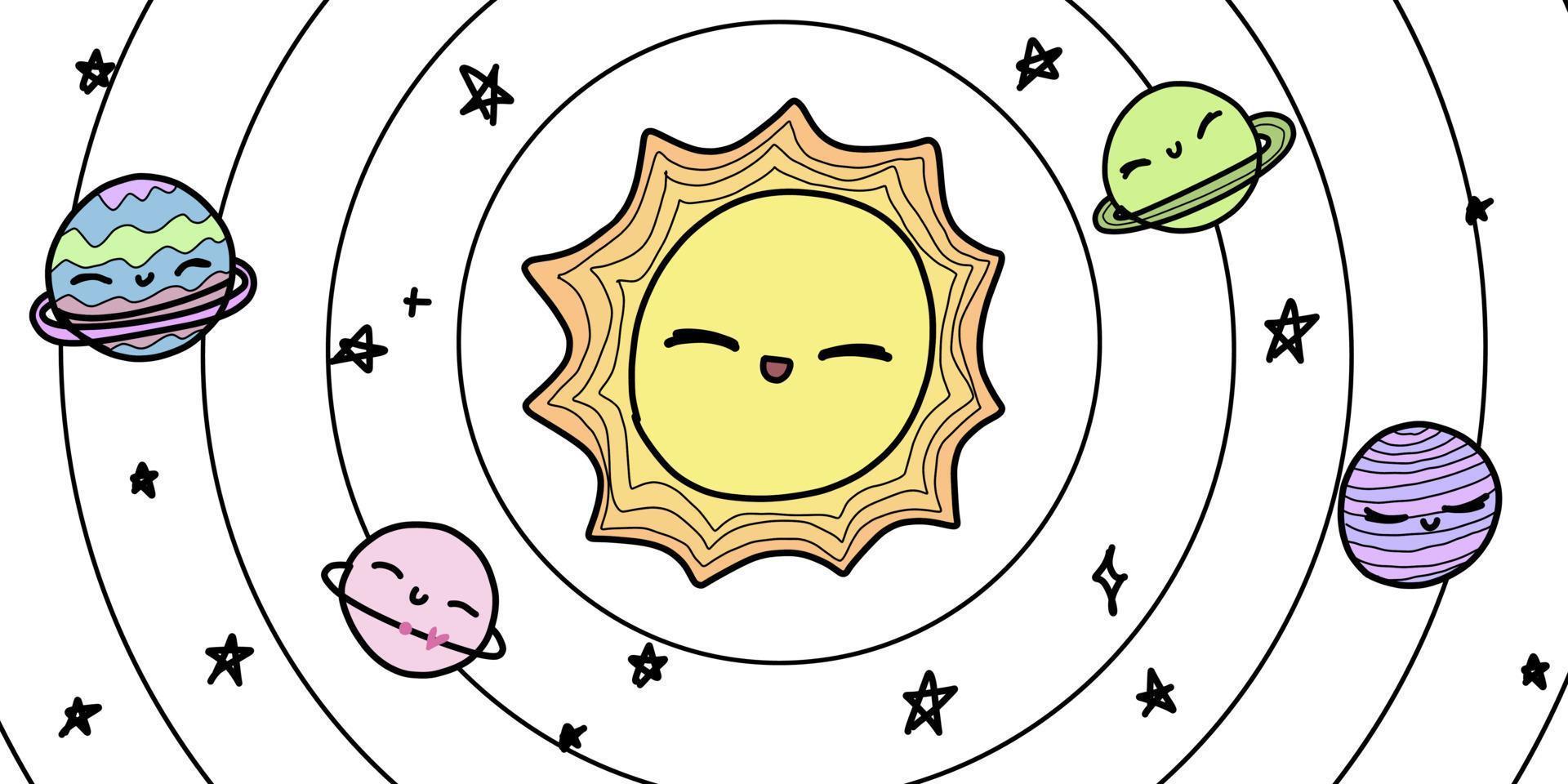 pôster fofo com estrelas do sol planetas no espaço. cartão postal de cosmos doodle branco, plano de fundo. mão desenhada ilustração vetorial. vetor