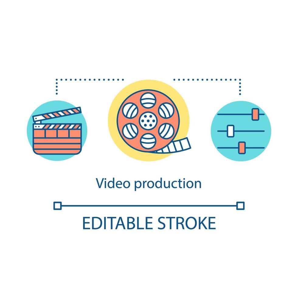 ícone do conceito de produção de vídeo. filme fazendo ideia ilustração de linha fina. cinematografia. indústria de produção cinematográfica. processo de filmagem. filmando. desenho de contorno isolado de vetor. traço editável vetor