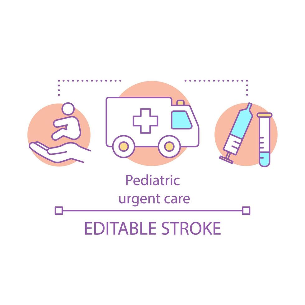 ícone do conceito de cuidados urgentes pediátricos. ambulância infantil. primeiro socorro. serviço de saúde infantil. ícone de linha fina de ideia de assistência médica 24 horas por dia. desenho de contorno isolado de vetor. traço editável vetor