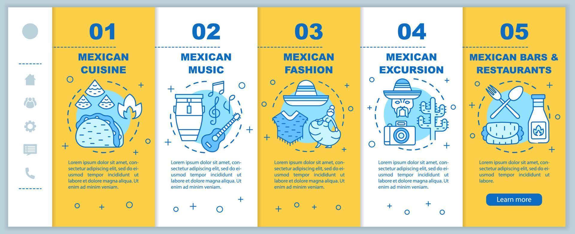 cultura mexicana onboarding modelo de vetor de páginas da web móvel. viagem ao méxico. ideia de interface de site de smartphone responsivo com ilustrações lineares. telas passo a passo da página da web. conceito de cor