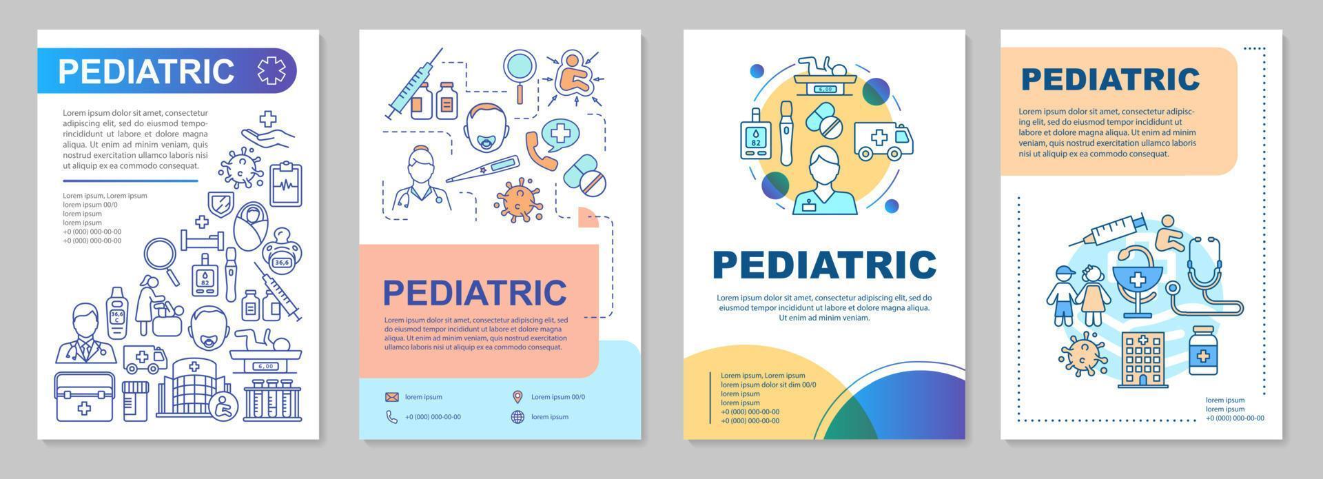 layout de modelo de folheto pediátrico. serviços, assistência médica. folheto, livreto, design de impressão de folheto com ilustrações lineares. layouts de página vetorial para revistas, relatórios anuais, cartazes publicitários vetor