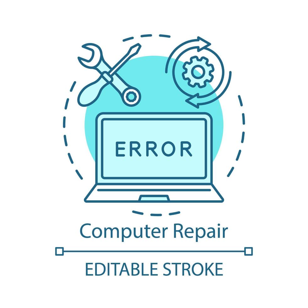 ícone do conceito de reparo do computador. serviço doméstico para ilustração de linha fina de ideia de dispositivos eletrônicos. recondicionamento de notebook. reinstalação do sistema operacional. desenho de contorno isolado de vetor. traço editável vetor