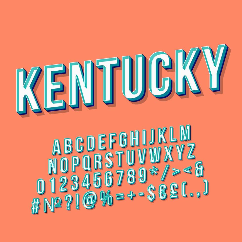 letras de vetor 3d vintage kentucky. fonte em negrito retrô, tipo de letra. texto estilizado de arte pop. letras de estilo da velha escola, números, símbolos, pacote de elementos. Anos 90, pôster dos anos 80, banner. fundo de cor de abóbora