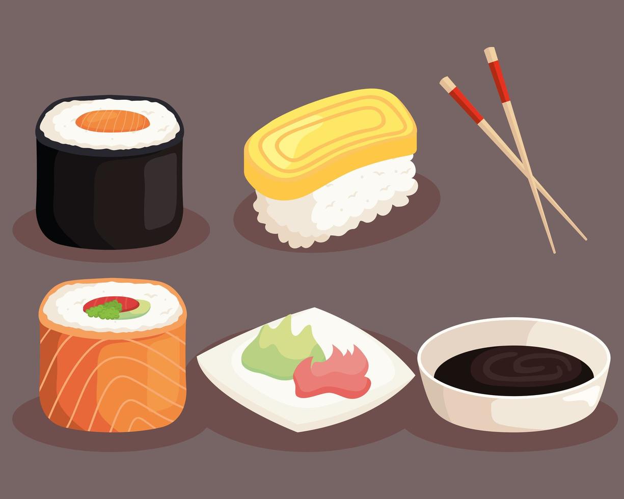 sushi com molhos e palitos vetor