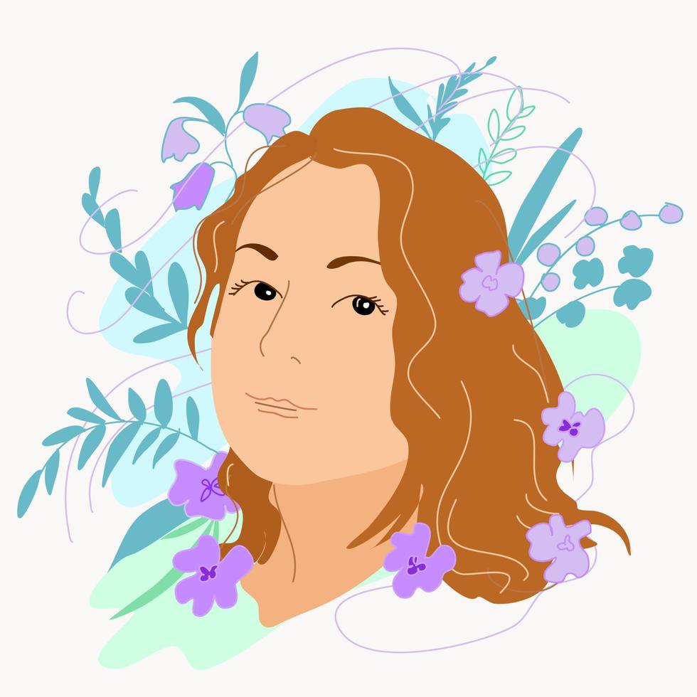 retrato de uma menina em flores e folhas. vetor