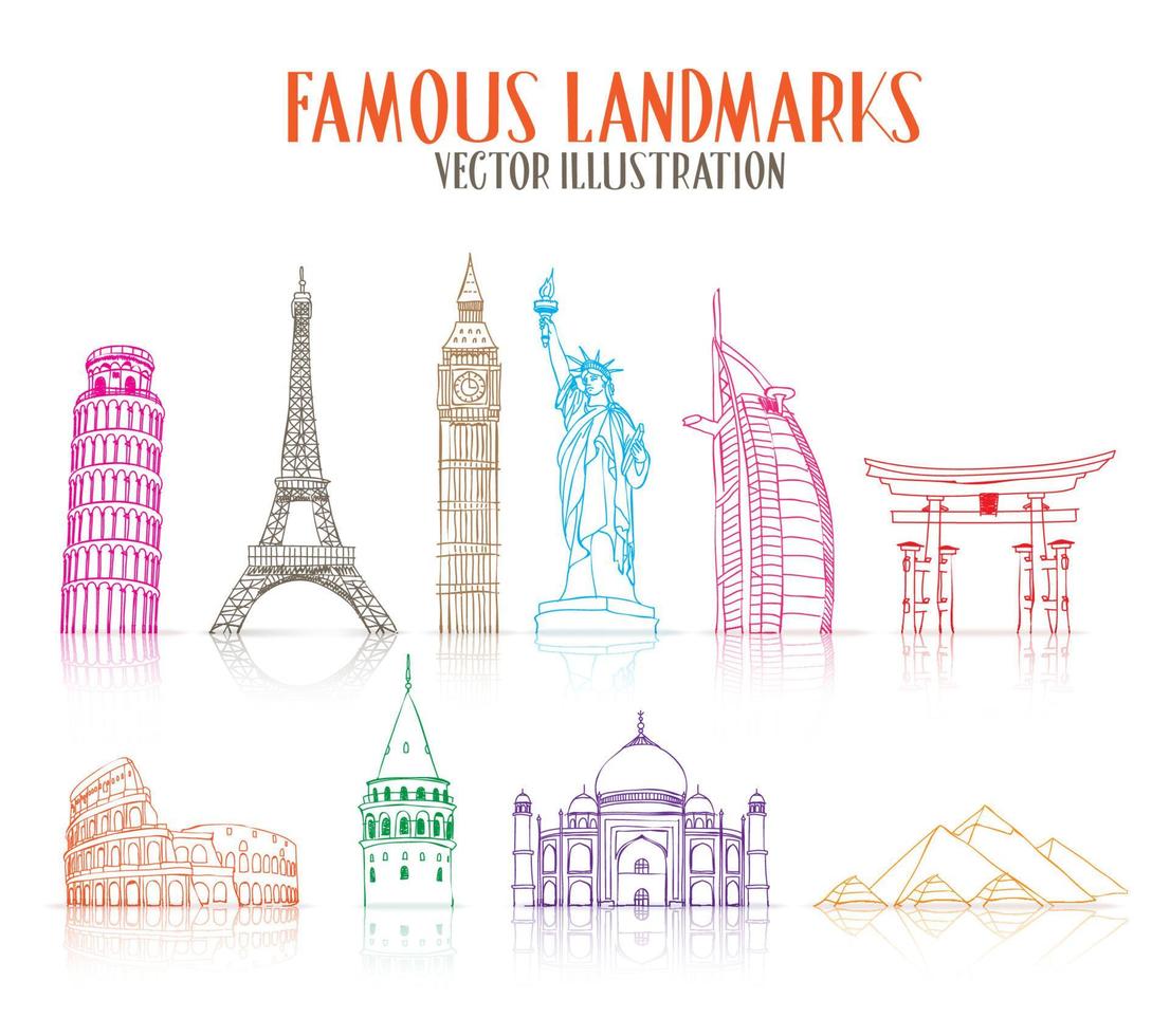 conjunto de marcos famosos e populares desenhados à mão coloridos para viajar isolado no fundo branco. vetor