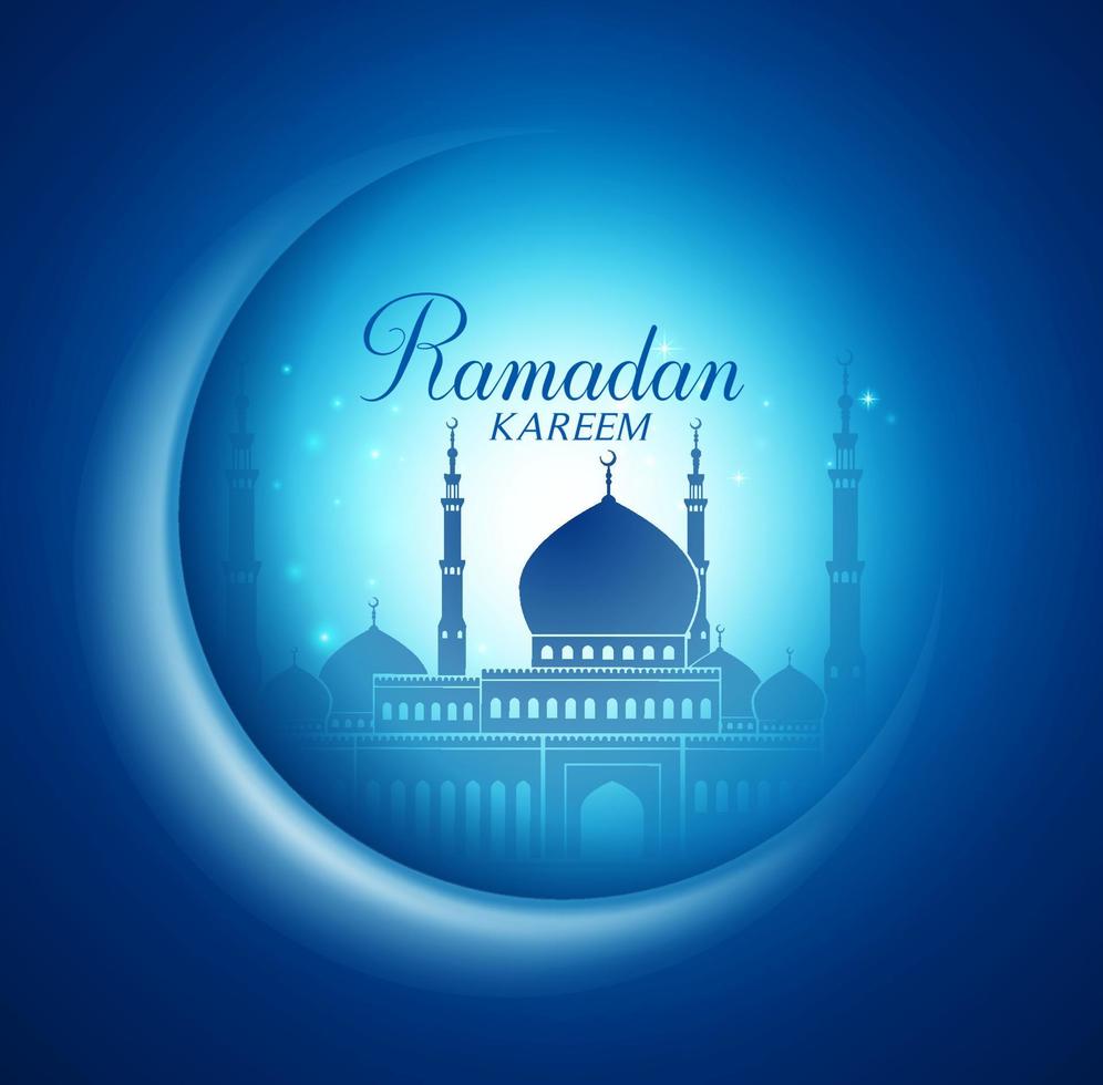 vector lua e mesquita relâmpago em fundo escuro com saudações ramadan kareem.