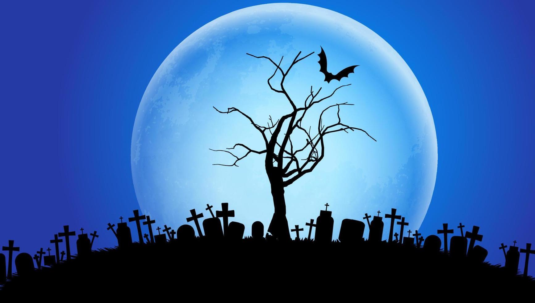 feliz festa de halloween plano de fundo vector banner. layout de design de cartão de convite de evento de férias de outubro. fundo de desenho animado assustador e assustador com lua e cemitério. cartaz horizontal do dia das bruxas