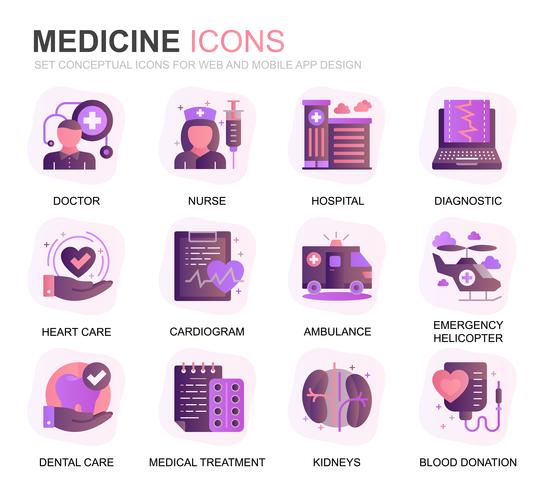 Moderno conjunto de cuidados de saúde e medicina ícones planas de gradiente para o site e aplicativos móveis. Contém ícones como médico, hospital, equipamento médico. Ícone plana de cor conceitual. Pacote de pictograma de vetor. vetor