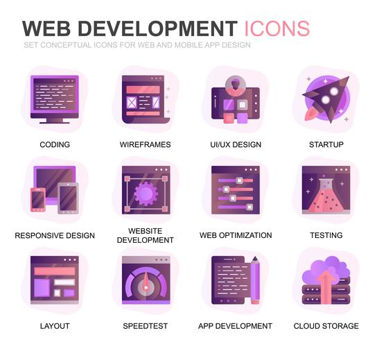 Moderno conjunto Web Design e desenvolvimento gradiente planas ícones para o site e aplicativos móveis. Contém ícones como codificação, desenvolvimento de aplicativos, usabilidade. Ícone plana de cor conceitual. Pacote de pictograma de vetor. vetor