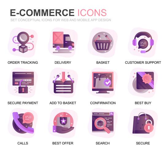 Modern Set E-Commerce e Shopping Gradiente ícones lisos para o site e aplicativos móveis. Contém ícones como Entrega, Pagamento, Cesta, Cliente, Loja. Ícone plana de cor conceitual. Pacote de pictograma de vetor. vetor