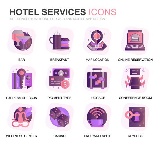 Ícones lisos do inclinação moderno do serviço de hotel do grupo para o Web site e Apps móvel. Contém ícones como restaurante, serviços de quarto, recepção. Ícone plana de cor conceitual. Pacote de pictograma de vetor. vetor