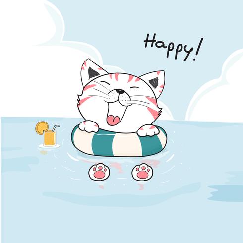 gato feliz bonito no anel de vida no vetor de desenho do mar