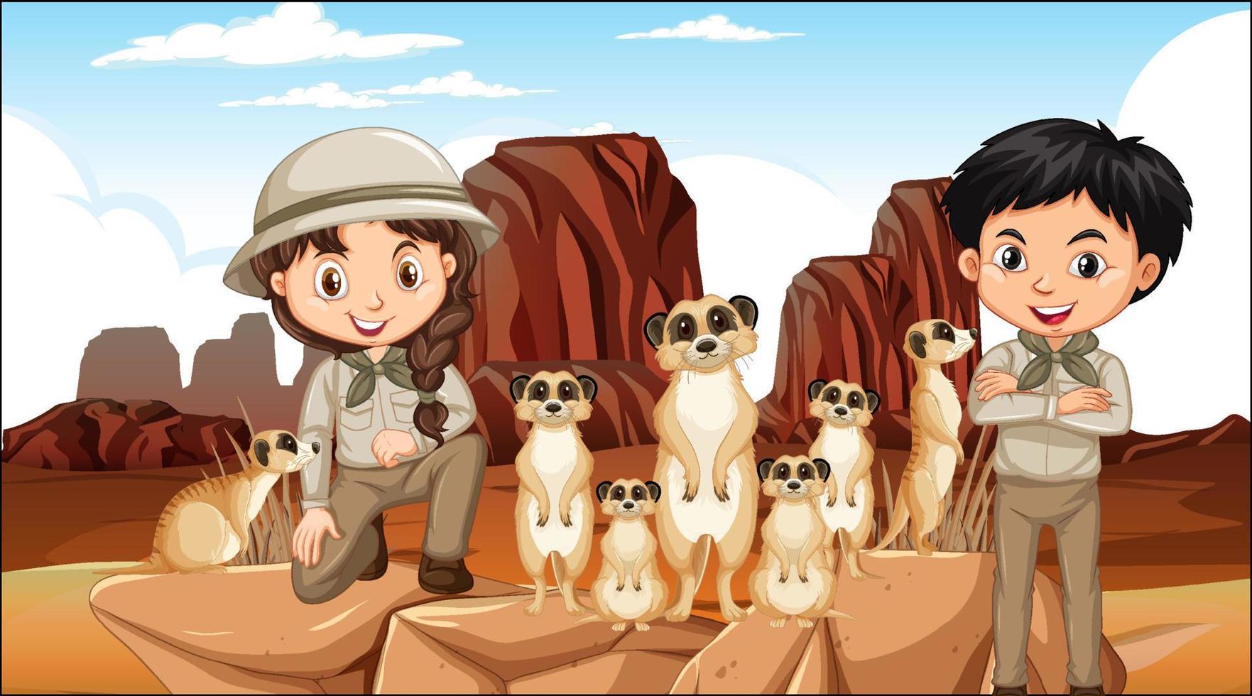crianças com grupo de suricatas na floresta do deserto vetor