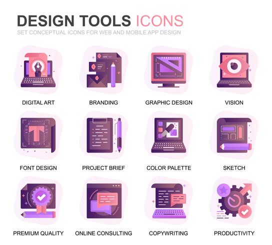 Moderno conjunto de Design ferramentas gradiente planas ícones para o site e aplicativos móveis. Contém ícones como Criativo, Desenvolvimento, Precisão, Visão, Esboço. Ícone plana de cor conceitual. Pacote de pictograma de vetor. vetor