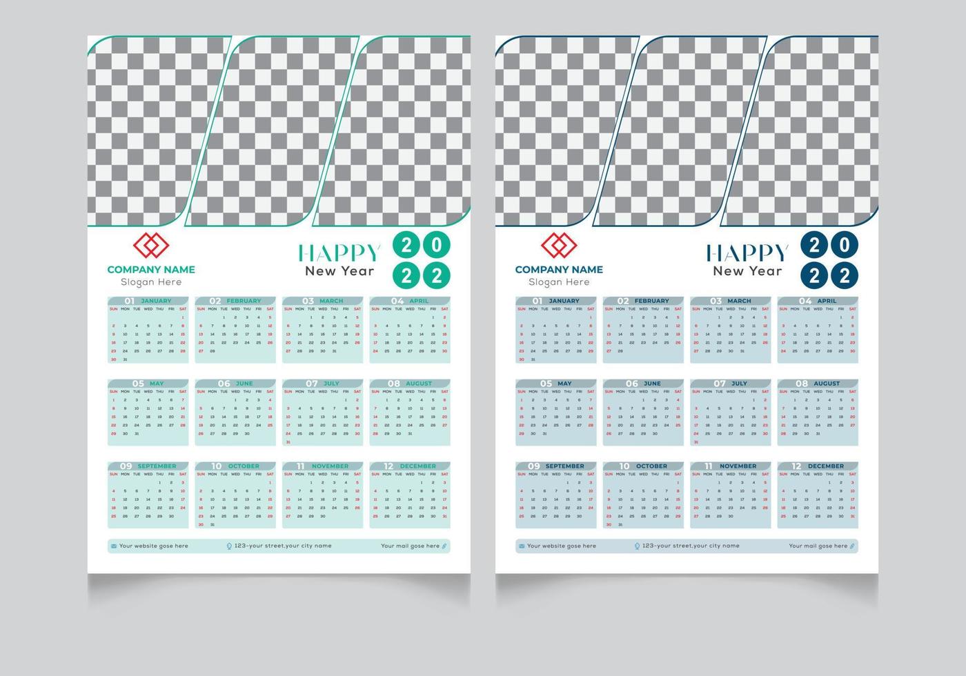 modelo de design de calendário de uma página, calendário de parede, vetor gratuito de 2022