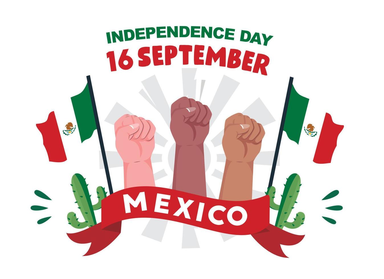 ilustração de punho do dia da independência mexicana 3 pessoas, cartaz de 16 de setembro para segundo plano. viva México vetor