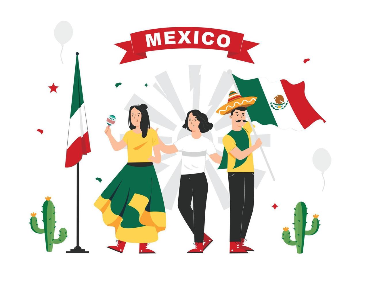 ilustração do dia da independência mexicana 3 pessoas, cartaz de 16 de setembro para segundo plano. viva México vetor