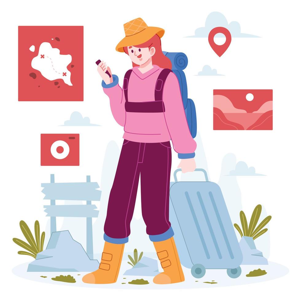 ideia de ilustração vetorial de conceito de viagem para modelo de página de destino, pessoas fazendo férias de férias com caminhadas na natureza e mapa, estilos planos desenhados à mão vetor