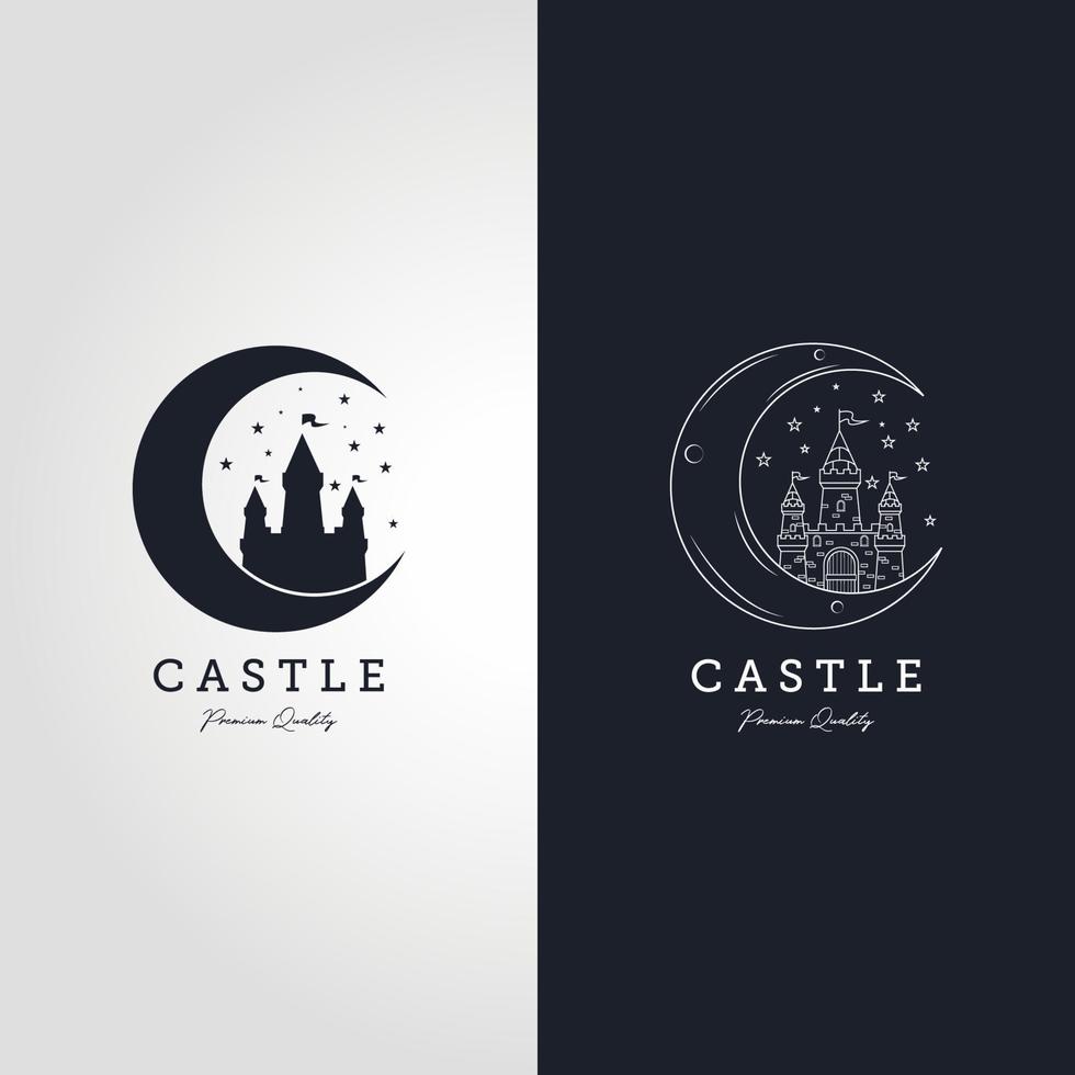 design de ilustração vetorial de logotipo de arte de linha de castelo vintage, castelo no logotipo da lua. vetor