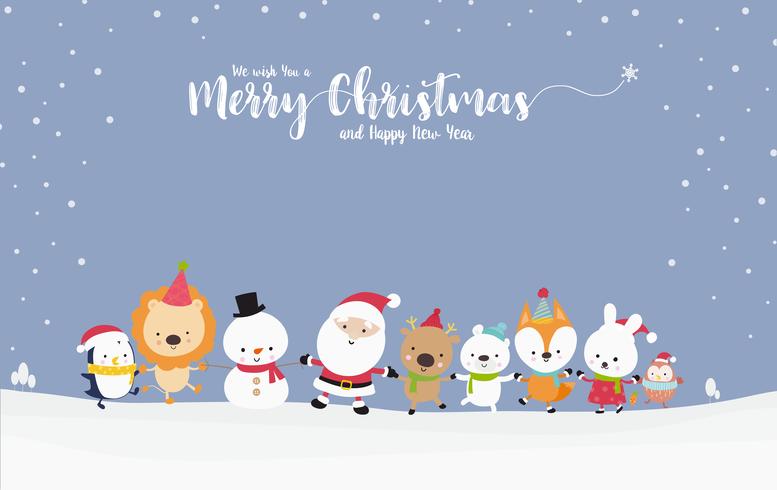 Boneco de neve bonito de Papai Noel com desenhos animados animais de mãos dadas com espaço de cópia 001 vetor