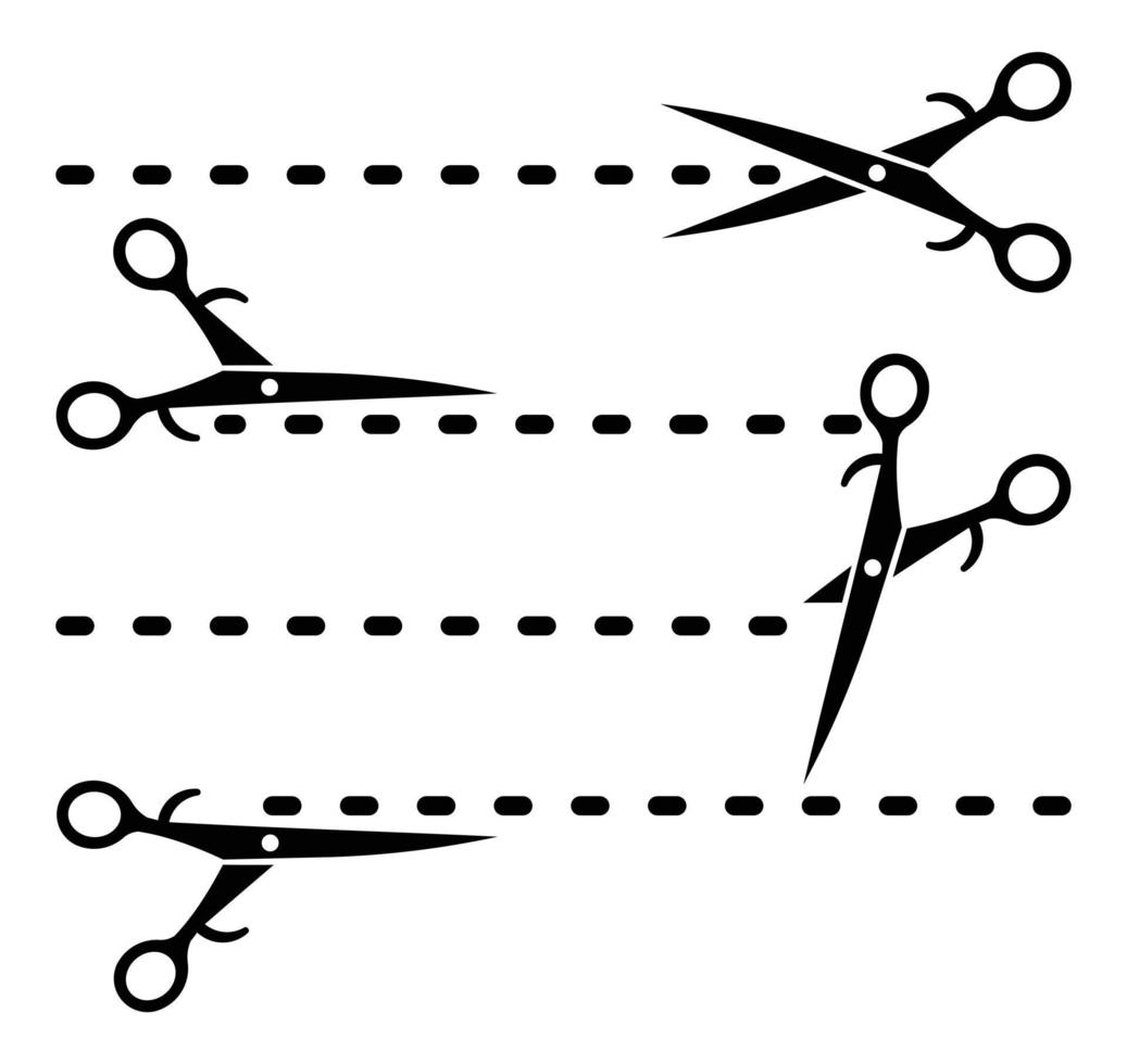 conjunto de tesouras de ícone com linhas de corte, linhas de corte com tesoura preta vetor