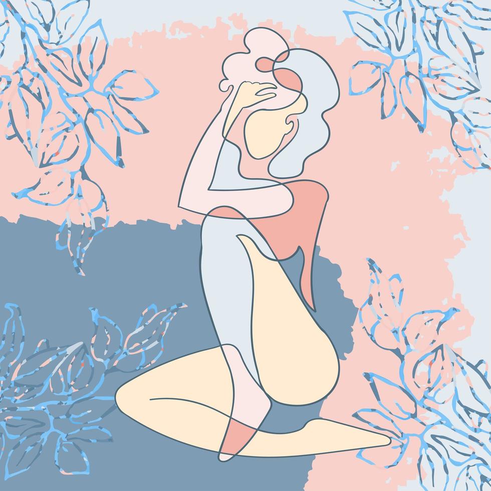 ilustração de contorno de mulher em fundo colorido com ilustração floral vetor