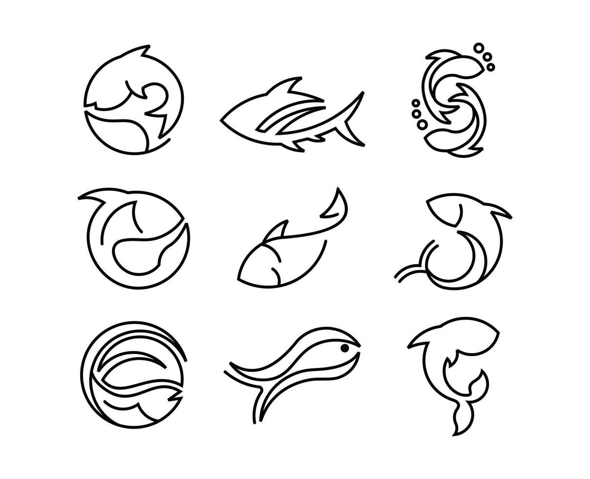 conjunto de peixes estilizados vetoriais, conjunto de ícones vetoriais de esboço de variedades de peixes vetor