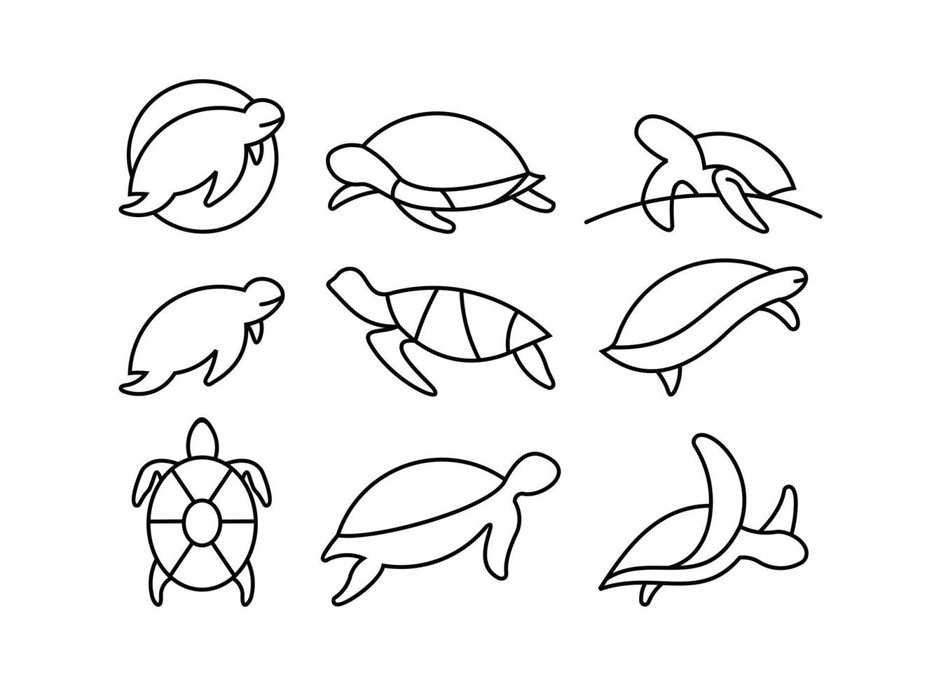 conjunto de ícones de tartaruga em ilustração vetorial de estilo diferente, conjunto de ícones de vetor de tartaruga projetado