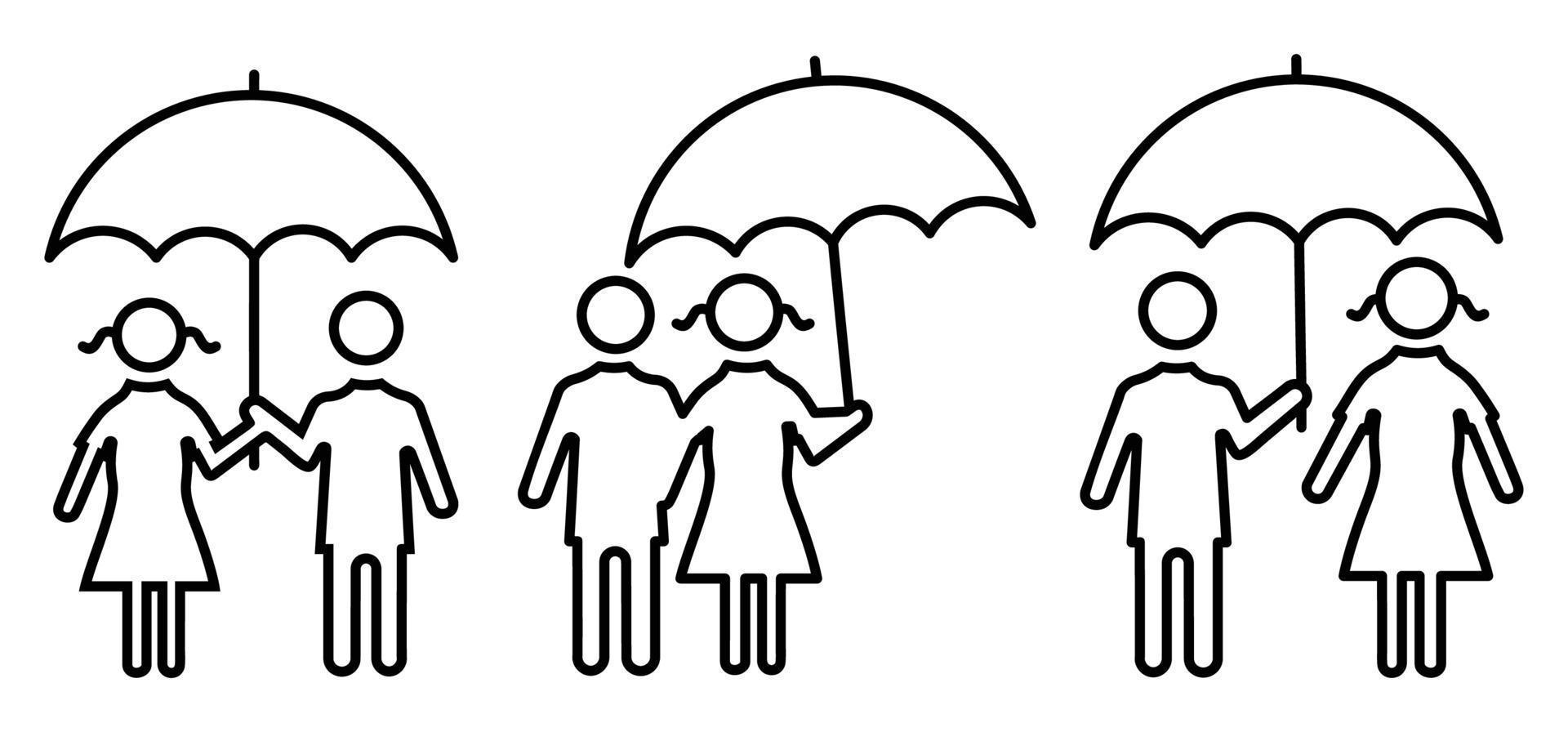 homem e mulher com conjunto de ícones de guarda-chuva, masculino e feminino sob a chuva em poses diferentes vetor