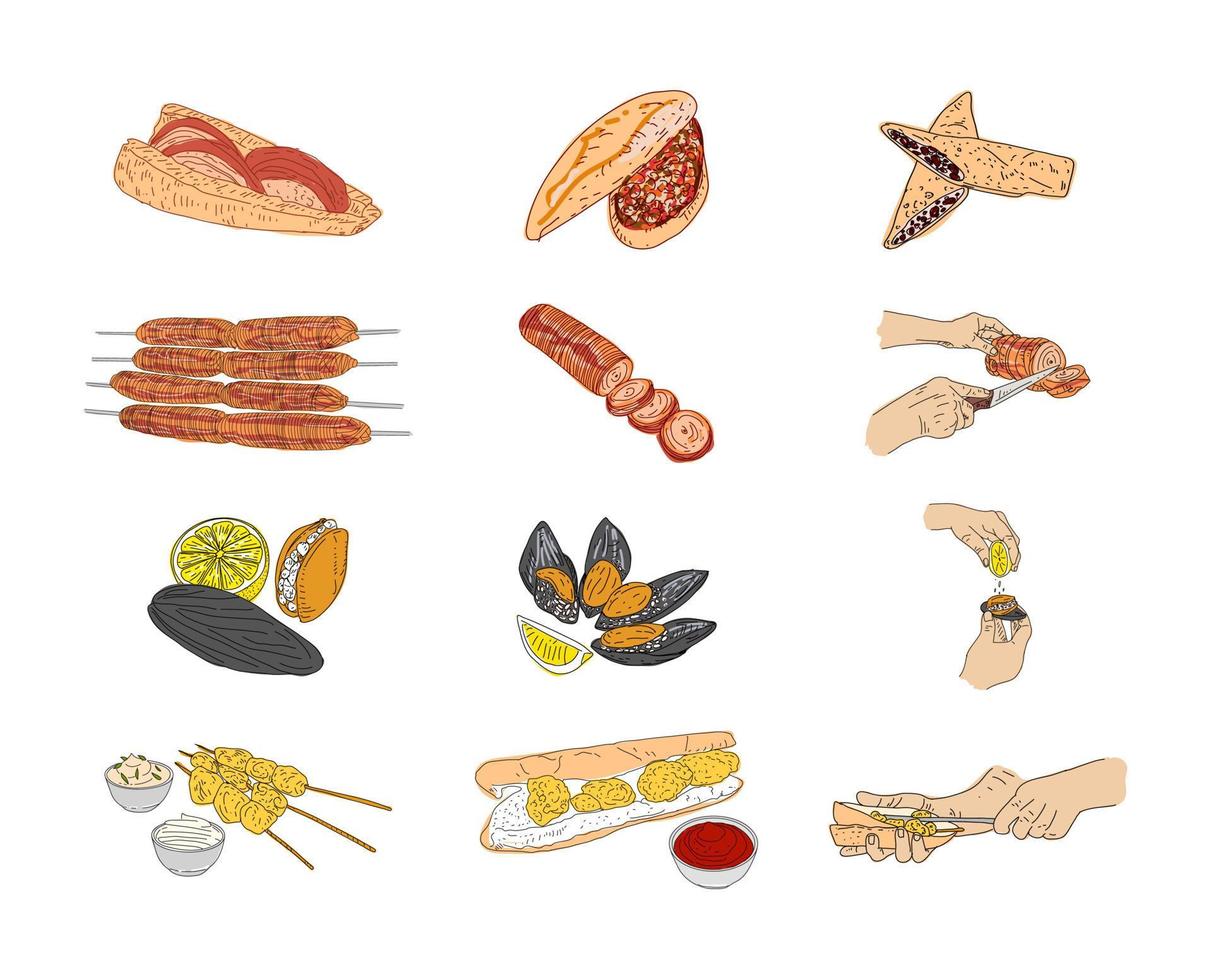 kokorec, mexilhões recheados, mexilhões fritos, desenho vetorial desenhado à mão. vetor