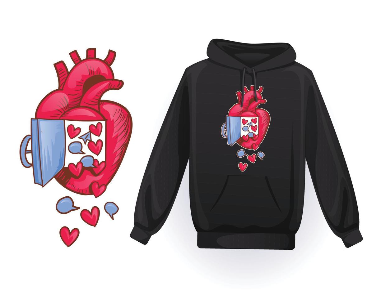 design de camiseta de coração, design de capuz de coração, ilustração vetorial de coração viciado, vetor de coração, vetor de camiseta, vetor de capuz