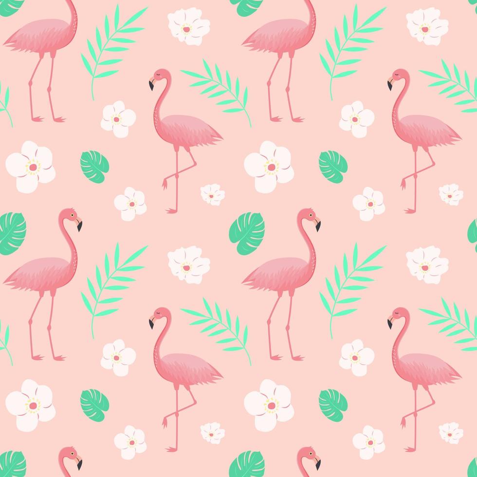 sem costura padrão com flamingos, flores tropicais, folhas de monsteras e galhos. vetor