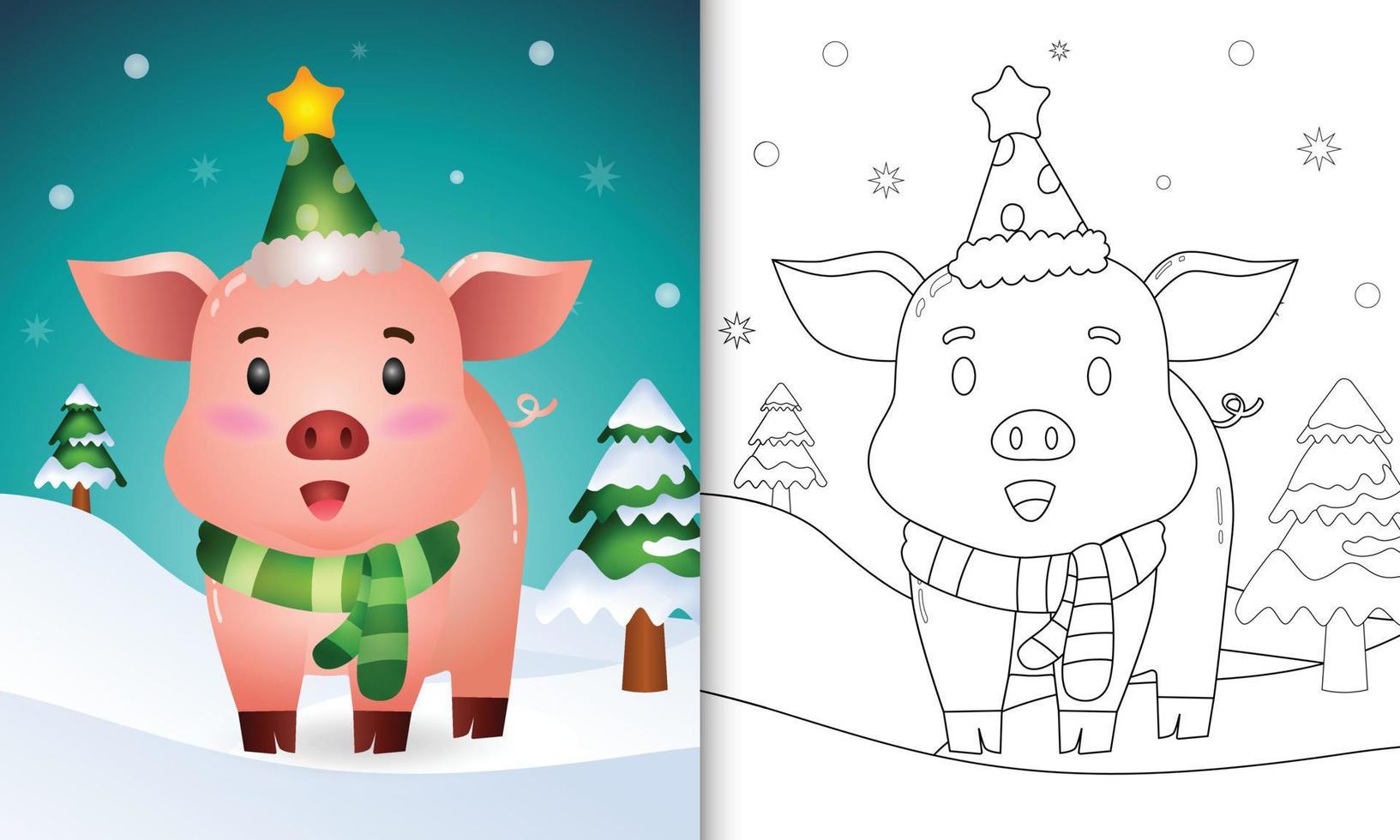 livro de colorir com uma coleção de personagens de natal de porco fofo com um chapéu e cachecol vetor