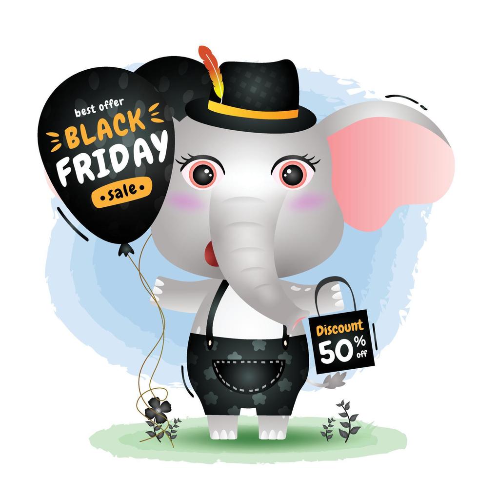 venda de sexta-feira negra com um elefante fofo segurando promoção de balão e ilustração de sacola de compras vetor