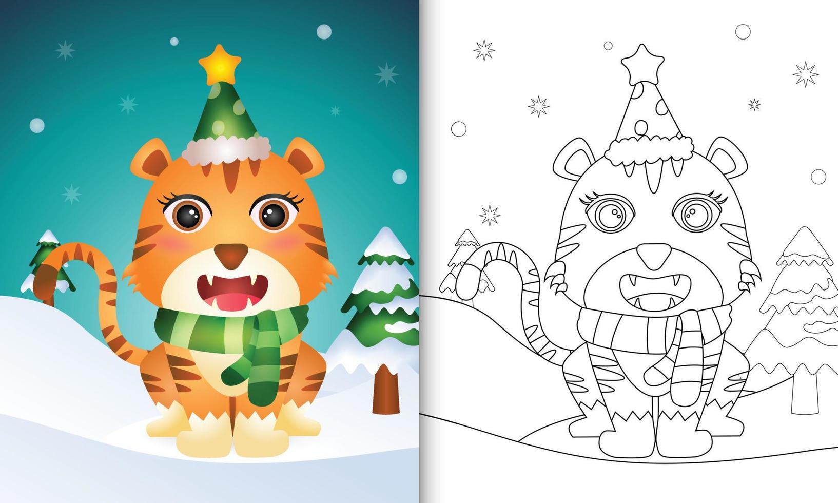 livro de colorir com uma coleção de personagens de natal de tigre fofo com um chapéu e cachecol vetor