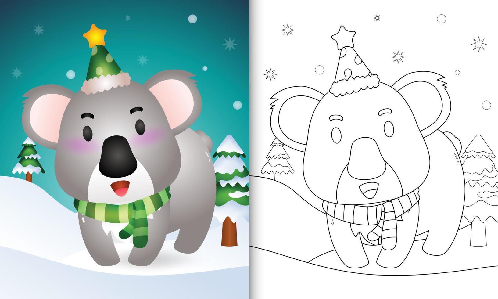 livro de colorir com uma coleção de personagens de natal de veado coala com um chapéu e cachecol vetor