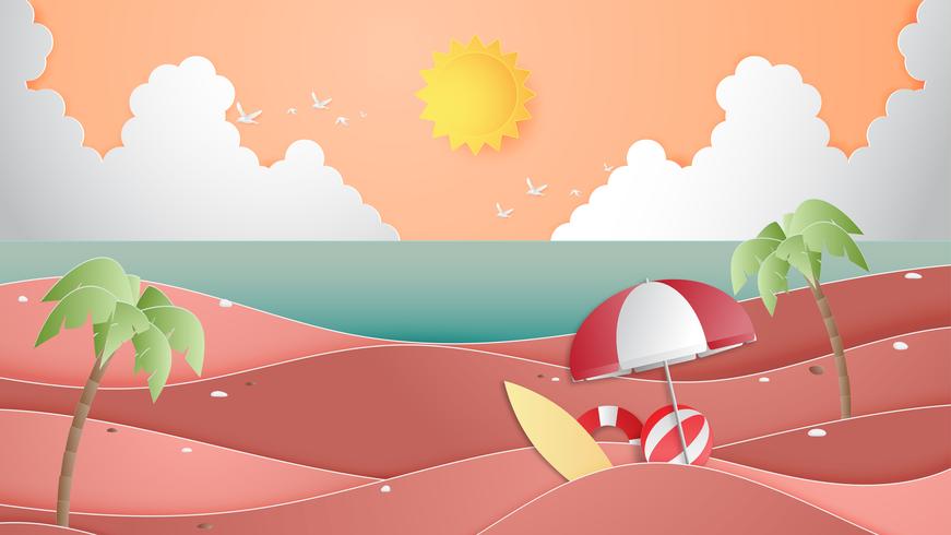 Conceito criativo do fundo do verão da ilustração com paisagem da praia e do mar. vetor