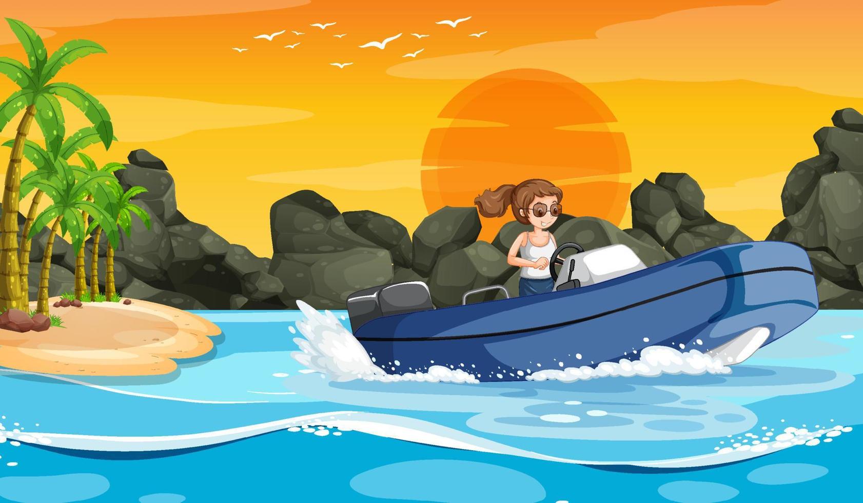 cenário de ondas do mar com uma mulher dirigindo um barco vetor