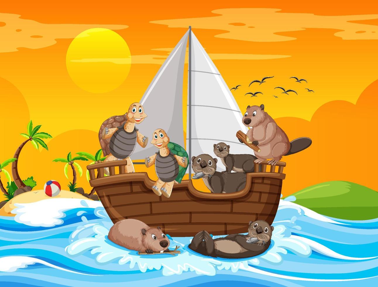 cena do oceano com animais selvagens em um veleiro vetor
