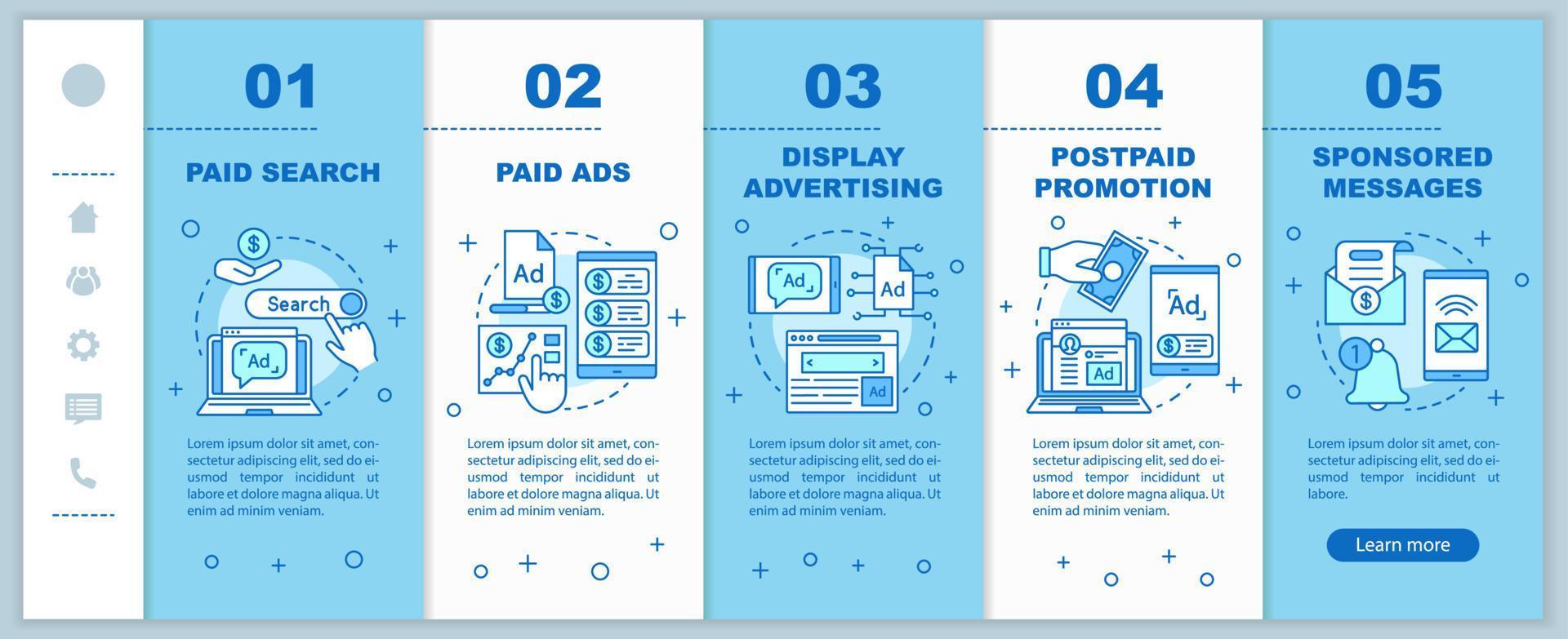 canais ppc integrando o modelo de vetor de páginas da web móvel. marketing de mídia. ideia de interface de site de smartphone responsivo com ilustrações lineares. telas passo a passo da página da web. conceito de cor