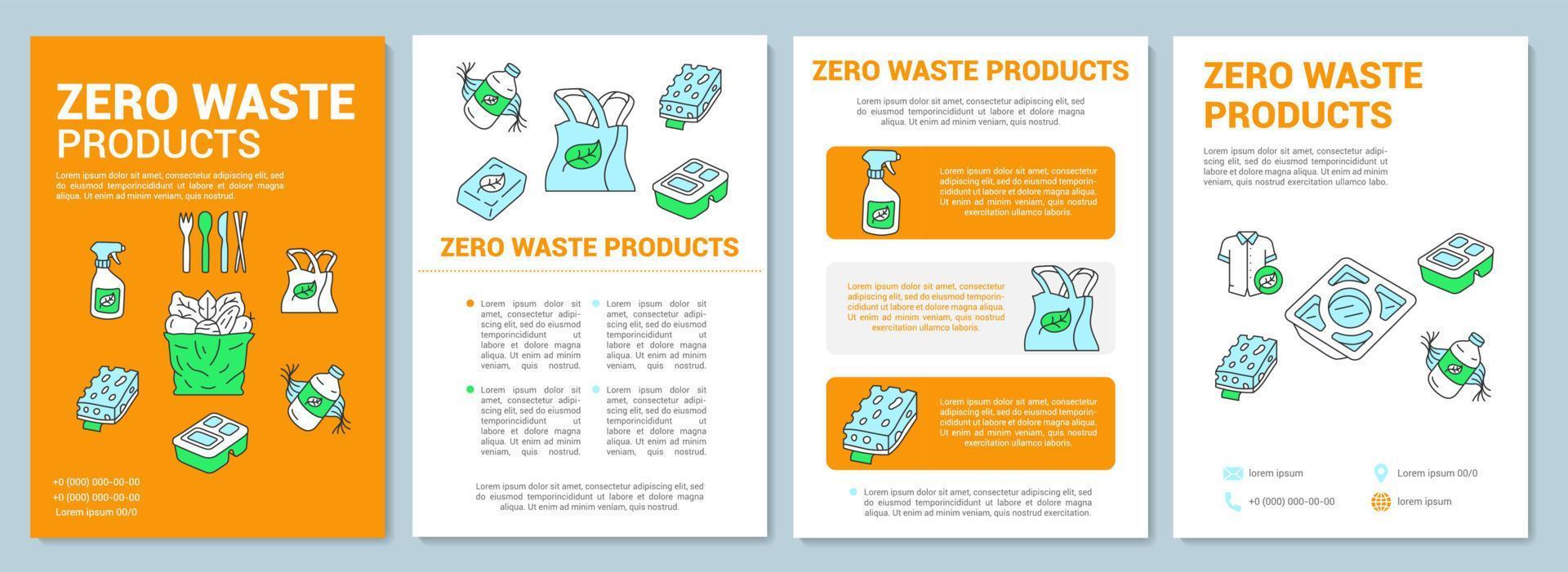 layout de modelo de brochura de produtos de desperdício zero. folheto, livreto, design de impressão de folheto com ilustrações lineares. itens reutilizáveis e recicláveis. layout de página de vetor para revistas, relatórios, cartazes publicitários