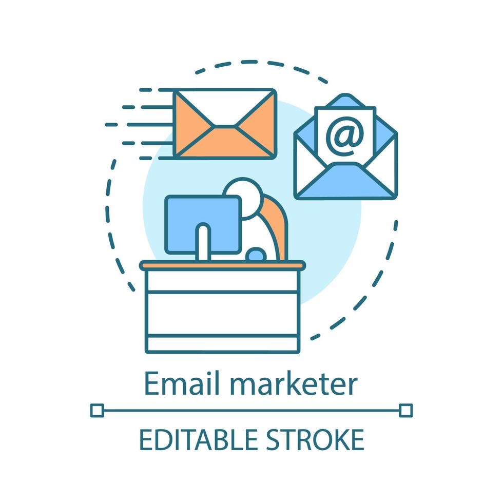 ícone de conceito de comerciante de e-mail. gerenciamento de banco de dados de e-mail ideia ilustração de linha fina. criação de newsletters, envio em massa. especialidade de marketing digital. desenho de contorno isolado de vetor. traço editável vetor