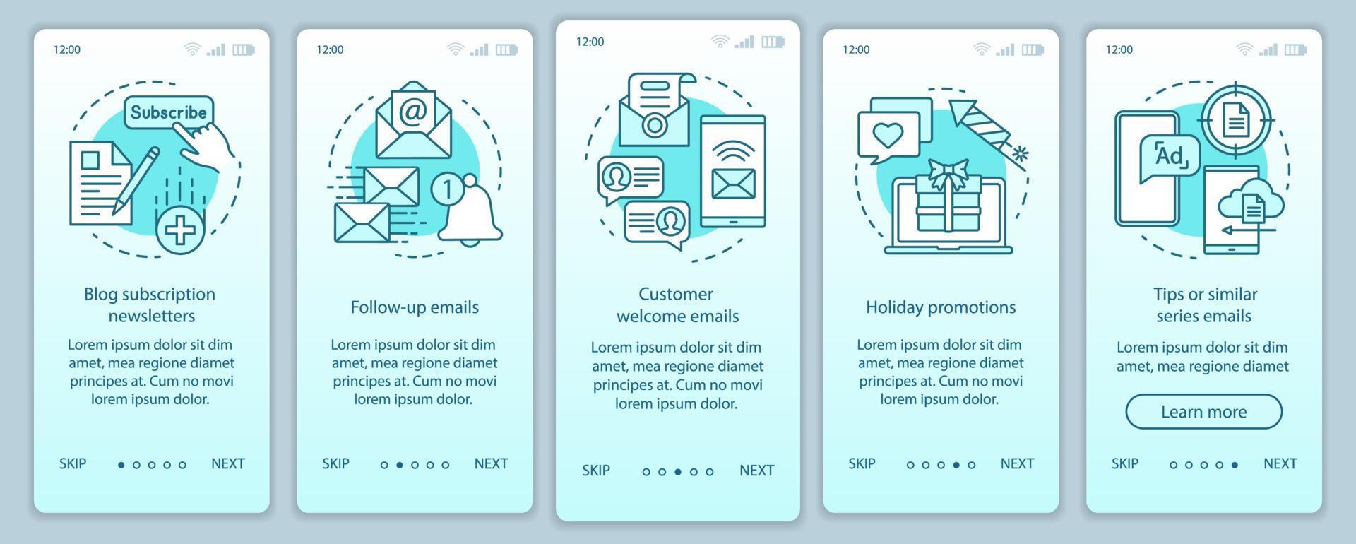 modelo de vetor de tela de página de aplicativo móvel de integração de e-mail marketing turquesa. Etapas do site passo a passo de estratégia de negócios com ilustrações lineares. ux, ui, gui conceito de interface de smartphone