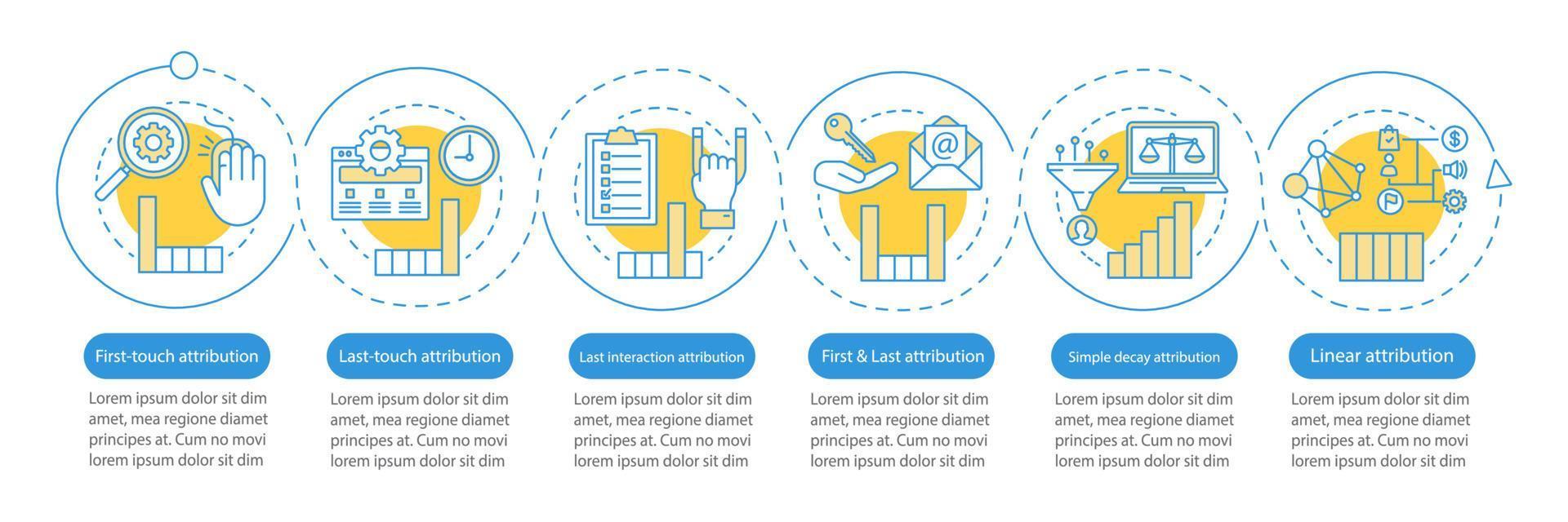 tipos de modelagem de atribuição modelo infográfico de vetor. elementos de design de apresentação de negócios. visualização de dados com seis etapas e opções. gráfico de linha do tempo do processo. layout de fluxo de trabalho com ícones lineares vetor