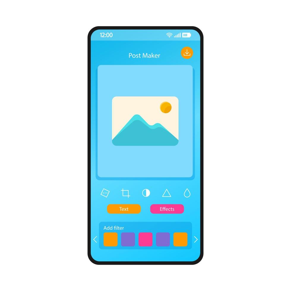 modelo de vetor de interface de smartphone de fabricante de postagem de mídia social. layout de design azul da página do aplicativo móvel. foto, tela do editor de imagens. interface do usuário plana para aplicação. adicione texto, efeito, recurso de filtro. visor do telefone