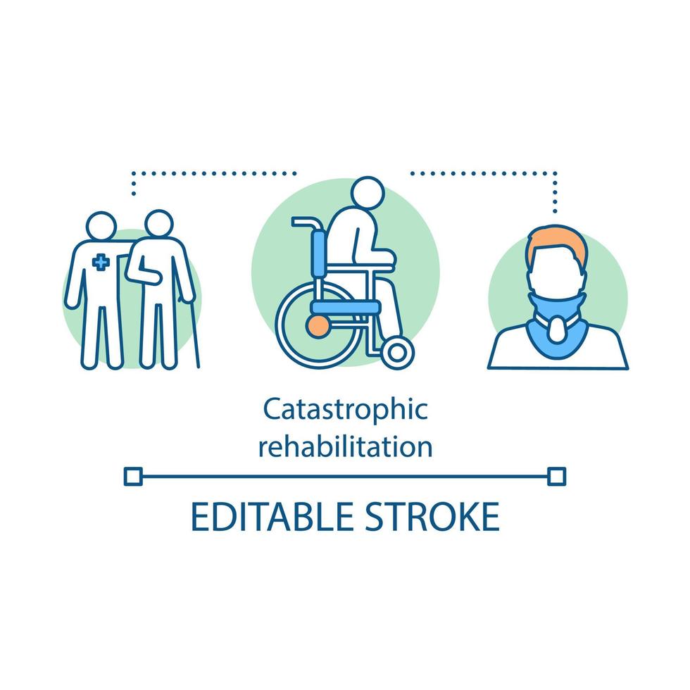 ícone do conceito de reabilitação catastrófica. lesão, ilustração de linha fina de ideia de trauma. pessoa com deficiência. fratura do colo. usando cadeira de rodas. cuidados médicos. desenho de contorno isolado de vetor. traço editável vetor