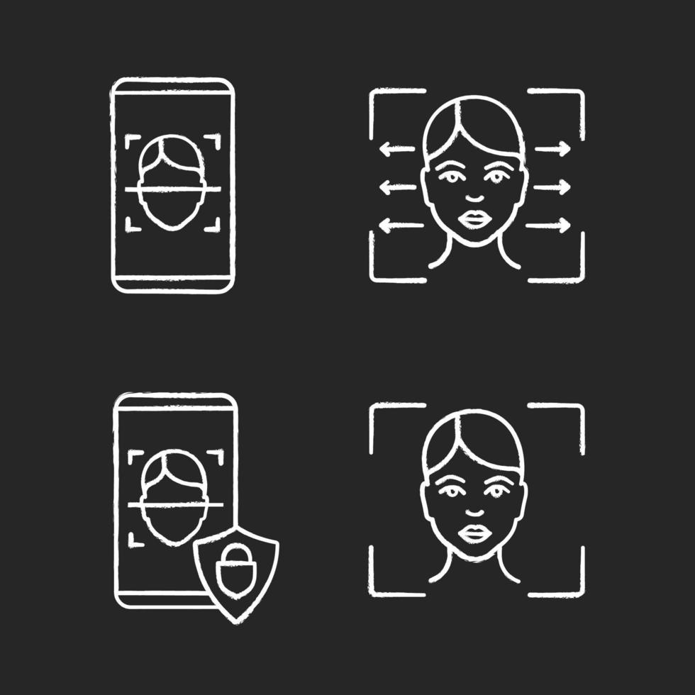 conjunto de ícones de giz de reconhecimento facial. identificação biométrica. Bloqueio facial e aplicativos de smartphone de reconhecimento facial bancário, leitor, software de digitalização. ilustrações de quadro-negro vetoriais isolados vetor
