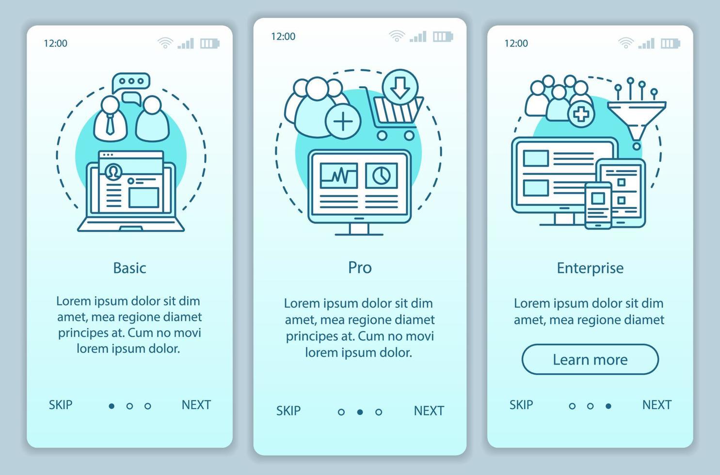 ferramentas de marketing digital assinatura onboarding modelo de vetor de tela de página de aplicativo móvel. tarifa básica. Passo a passo do site com ilustrações lineares. ux, ui, gui conceito de interface de smartphone